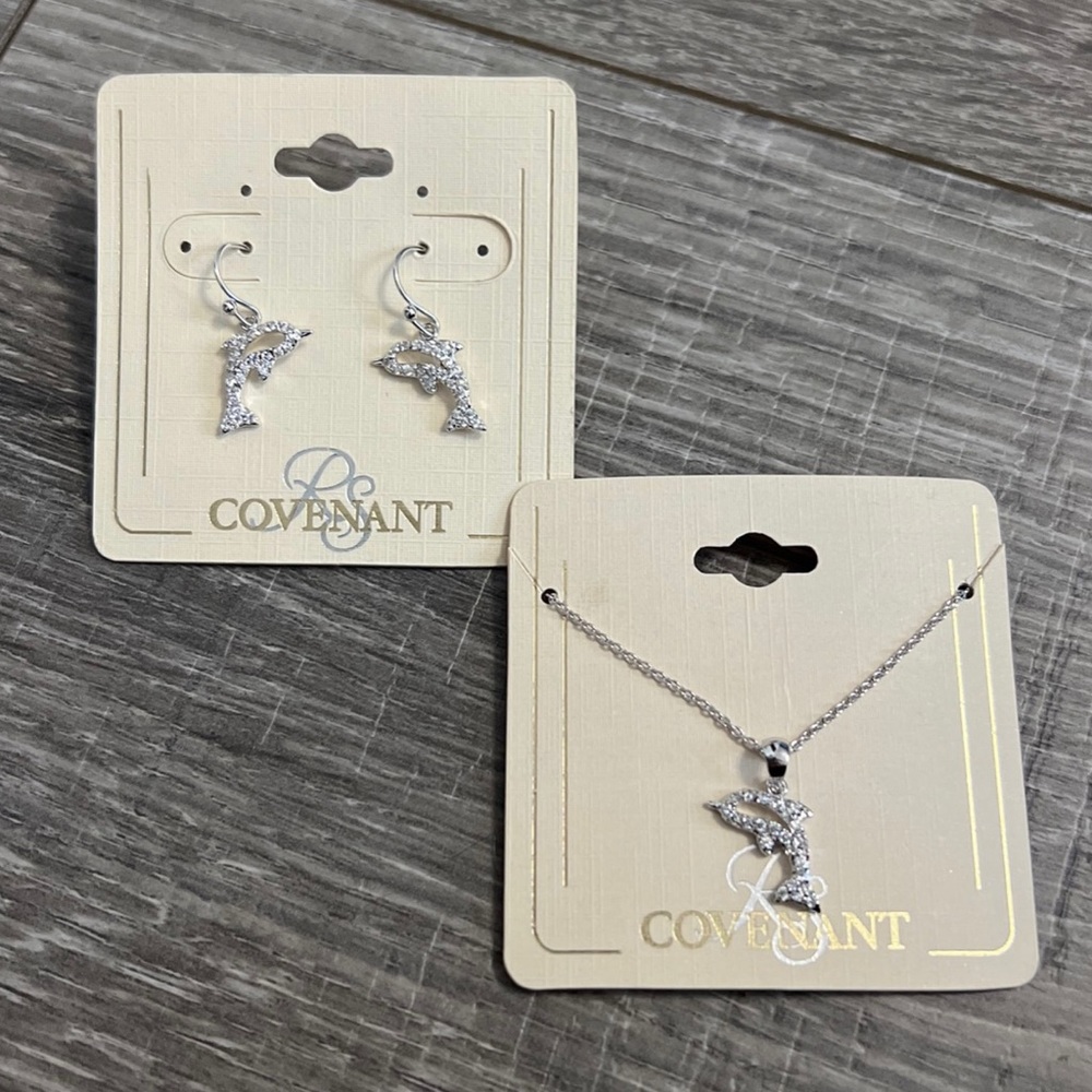 New Cubic Zirconia Dolphin Earrings Necklace Hypoallergenic Gift Set